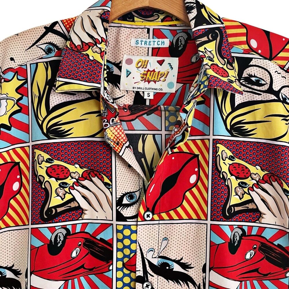 Oh Snap Drill Clothing Co Shirt Sz S Mens Comic Pop Art‎ Pizza Pinup Lips Boom